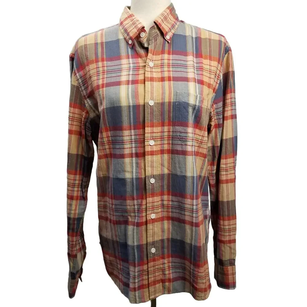 J Crew Red Blue Tan Plaid Button Down Long Sleeve Slim Shirt Size S